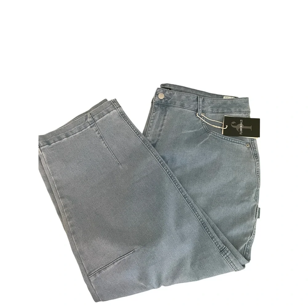 Flamingals Womens High Rise Barrel Cropped Cargo Jeans Light Wash Blue 3XL 16-18